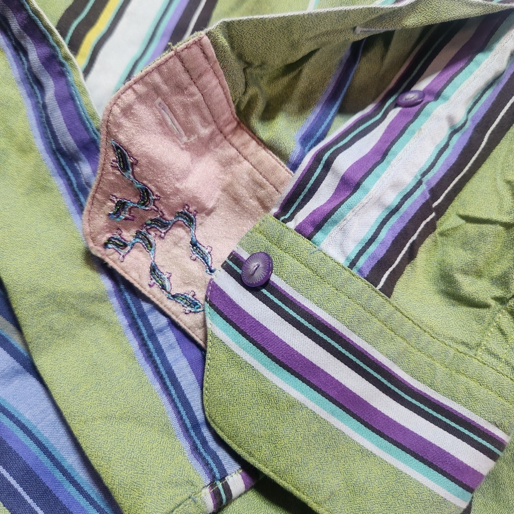 Robert Graham Mens Large Green Striped Button Up Shirt with Turn Cuffs - Picture 6 of 16